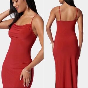 Bebe Red Slip Dress Midi Bodycon Side Slit Y2K Date Night Glam Size M